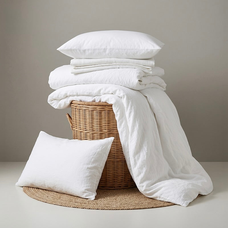 White Himmel duvet cover set draped over a wicker basket on a woven jute rug