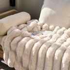 Chunky Ribbed Faux Fur Blanket Throw - Beige