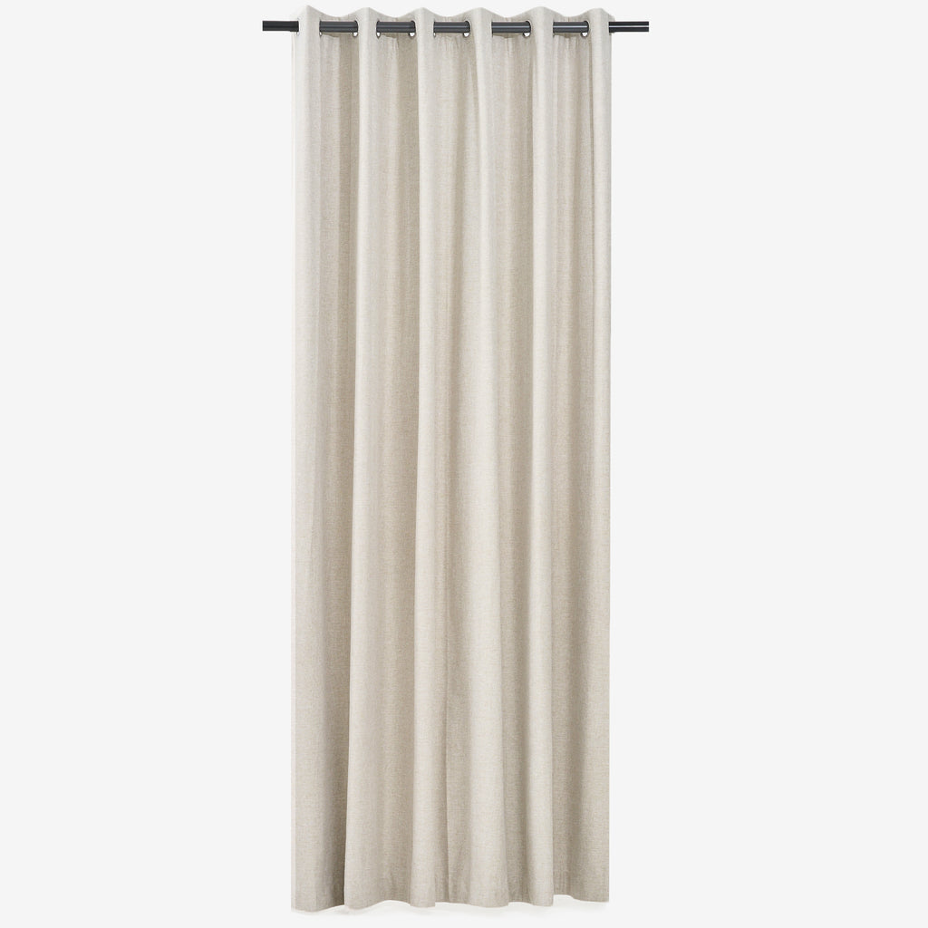 Sinclair 100% Block Out Eyelet Double Woven Curtain in light stone, hung from a rod showing the full-length drape