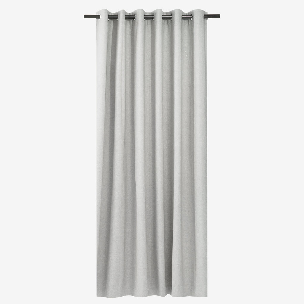 Dakota Textured 100% Block Out Eyelet Curtain in pearl grey, hung from a rod showing the full-length drape